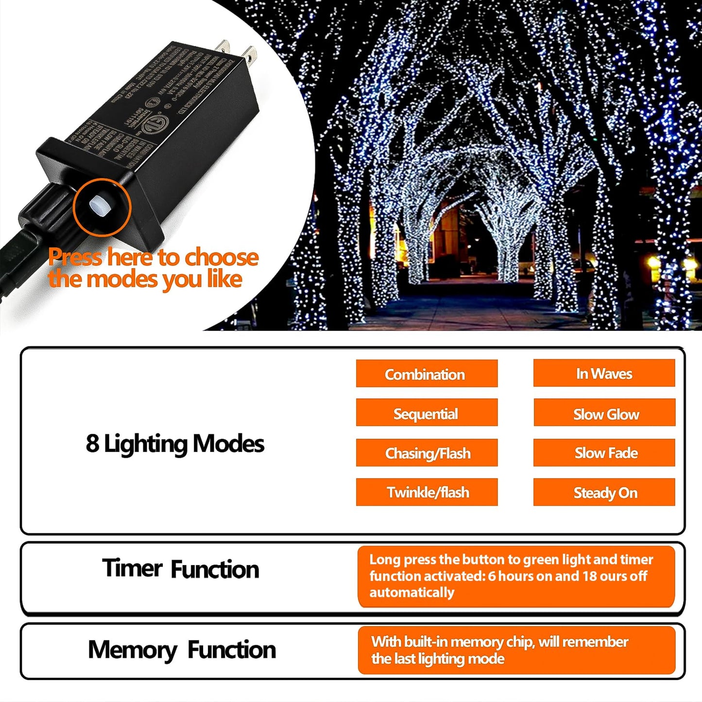 YIQU White 82FT 200 LED Christmas String Lights Outdoor/Indoor (Extendable Green Wire, Ultra-Bright with 8 Modes, UL Certified), Fairy String Lights for Xmas Tree Holiday Party Decoration, Cool White