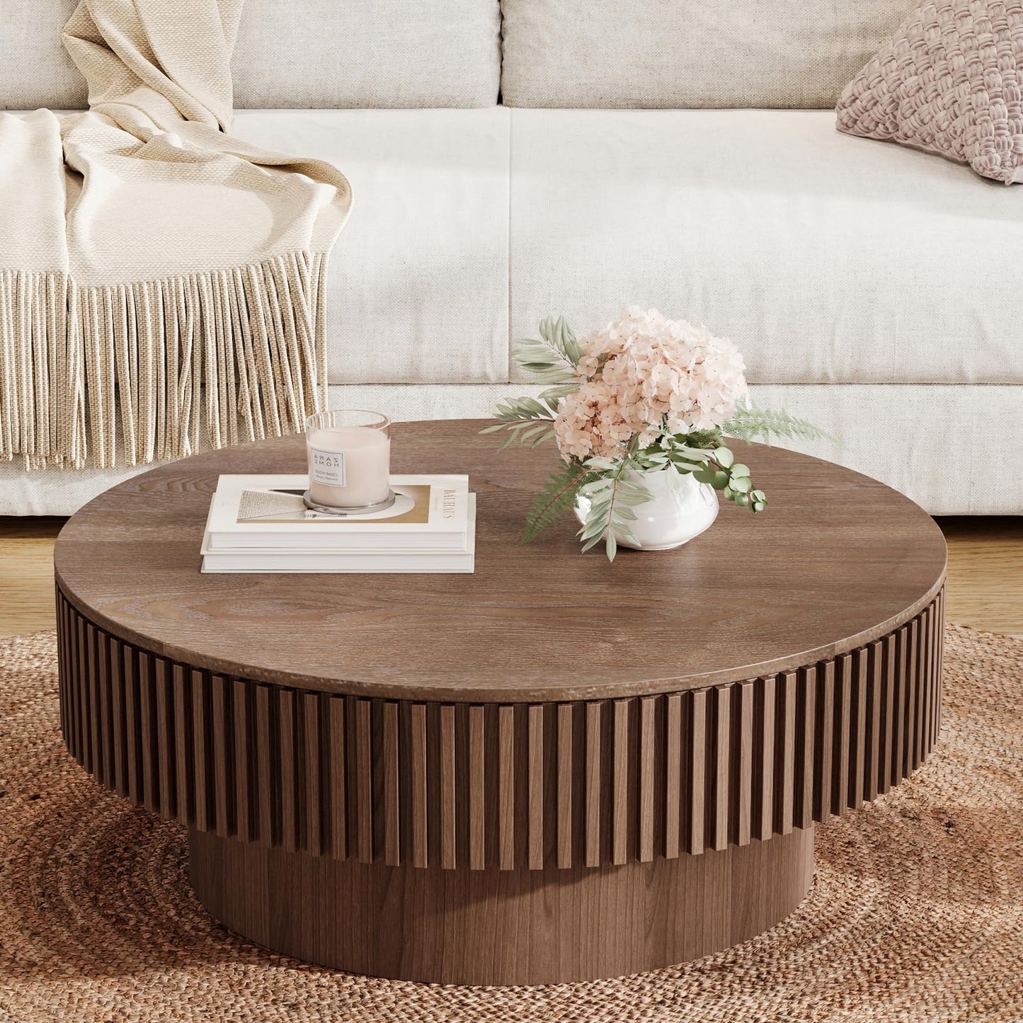 BSYEIO 31.5'' Round Coffee Table with Storage, Modern Luxury Circle Drum Center Tables with Solid Wood Veneered, Accent Side Coffee Table for Living Room, Bedroom, Apartment-Walnut