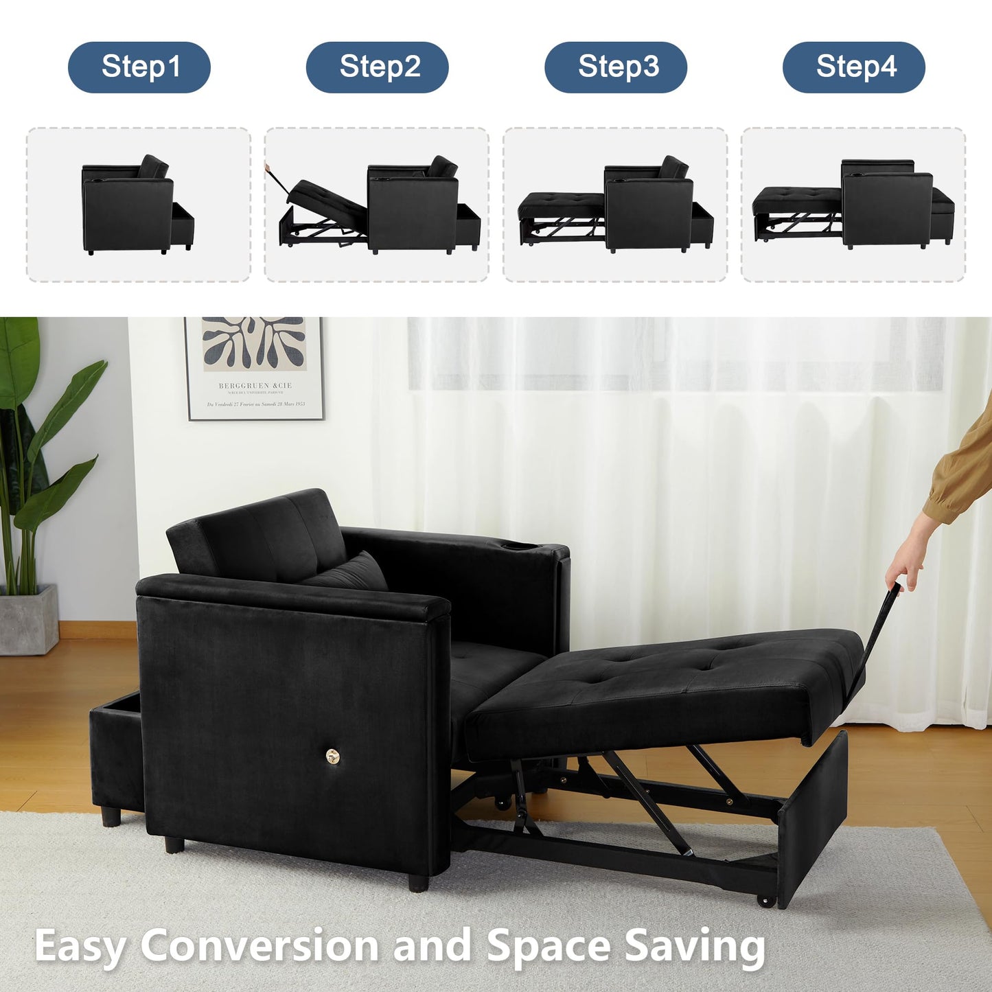 weselon Velvet Convertible Chair Bed, 3 in 1 Multi-Functional Lounge Chair Sleeper, Pull Out Couch Guest Bed with Hidden Table and Adjustable Backrest for Living Room Small Space Apartment (Black)