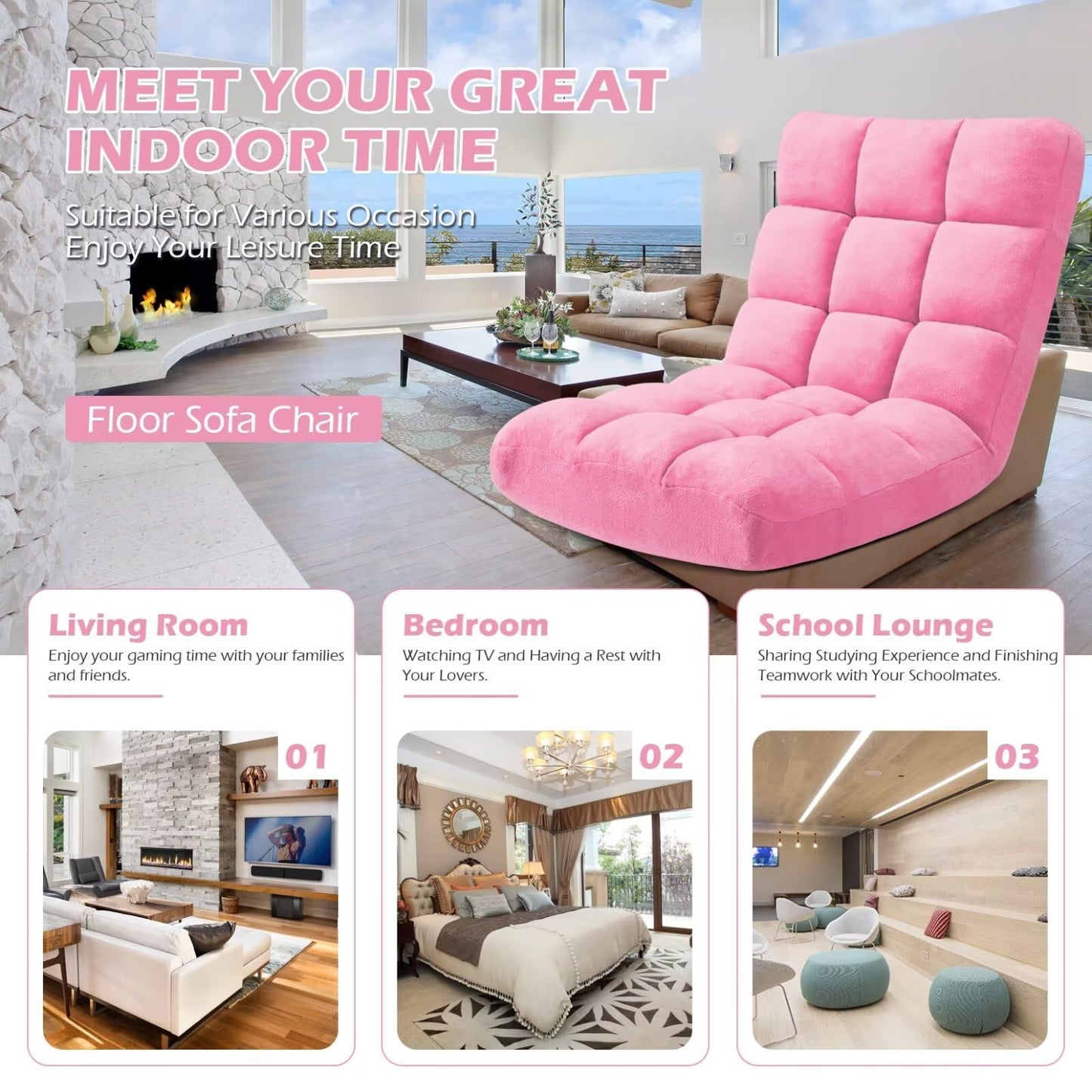 Avocahom Folding Floor Gaming Chair 14-Poistion Cushioned Adjustable Floor Lazy Sofa Chair w/Breathable Cotton & Skin-Friendly Coral Velve for Adults & Kids Perfect for Reading Gaming Meditating, Pink