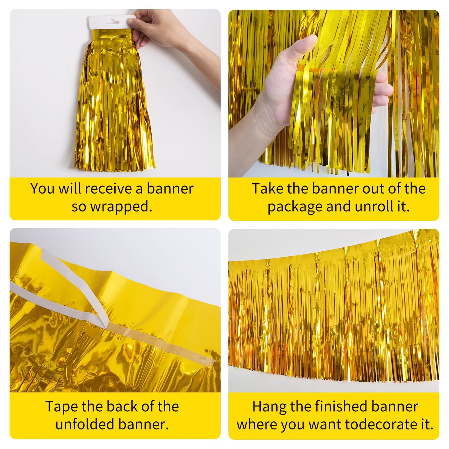 YUKL Gold Birthday Decorations Tinsel Garland Parade Float Decorations for Trailer 4Pack 12FT Christmas Party Decor Ceiling Fringe Banner Backdrop for Streamers Party Decorations