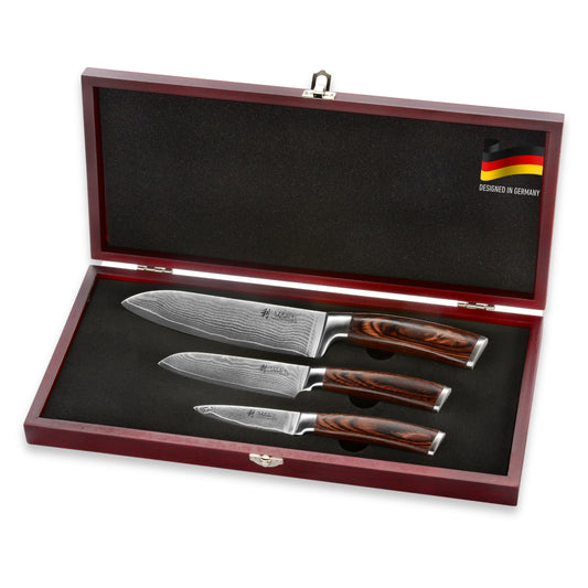 Wakoli Damascus Kitchen Knife Set, 3 Pieces Professional Chef Knife Set made from 67 Layers Damascus Steel with VG10 Core, Knives Set for Kitchen with Pakkawood Handles in Wooden Gift Box (EDIB 3-pcs)