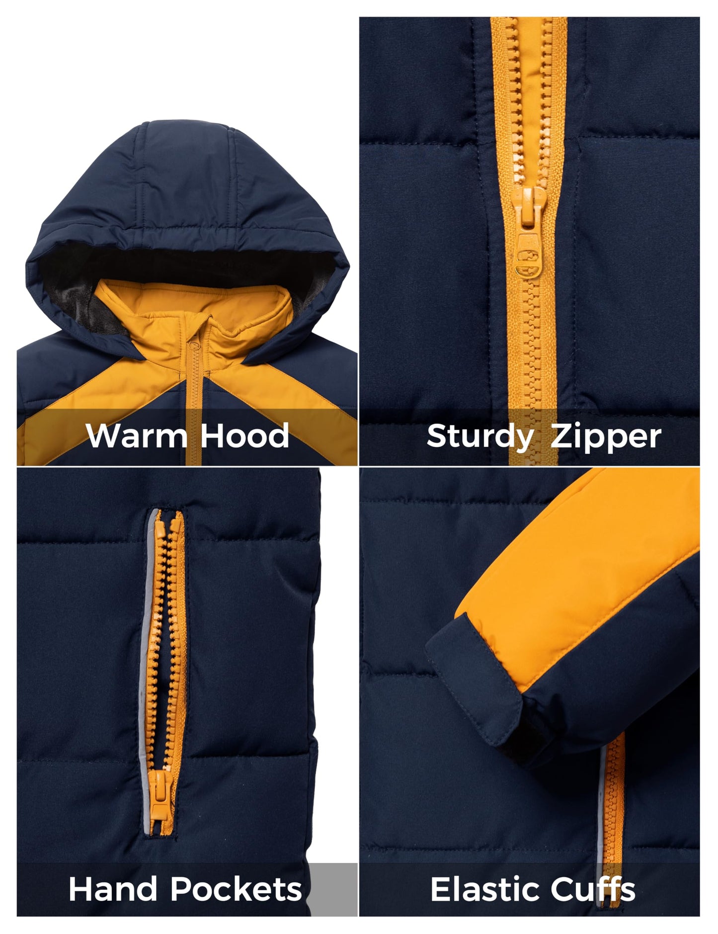 ZSHOW Boys' Hooded Puffer Jacket Fleece Lined Padded Winter Coat(Navy & Yellow,10-12)