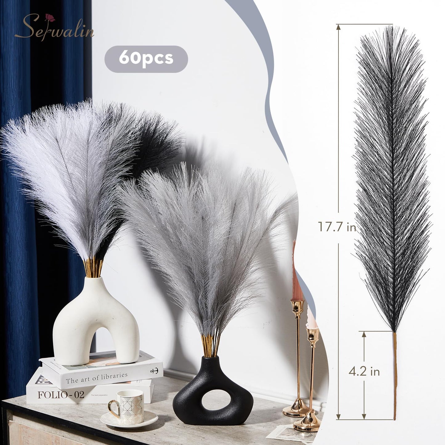 Serwalin 60Pcs Black Pampas Grass Decor, 17'' Faux Pampas Grass, Fluffy Artificial Pompous Grass Vase Filler Flower Arrangement for Living Room Decor Wedding Party Home Decor (Black＆White＆Gray)