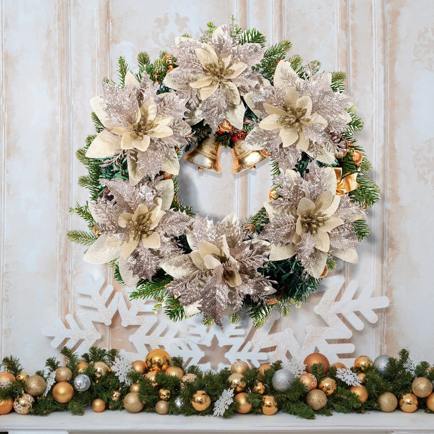 STOBOK Christmas Glitter Poinsettia Artificial Flowers|12 Pack Christmas Tree Ornaments for Wreaths Garland Holiday Party, Xmas Decoration, Red 6 Inch (Poinsettia)