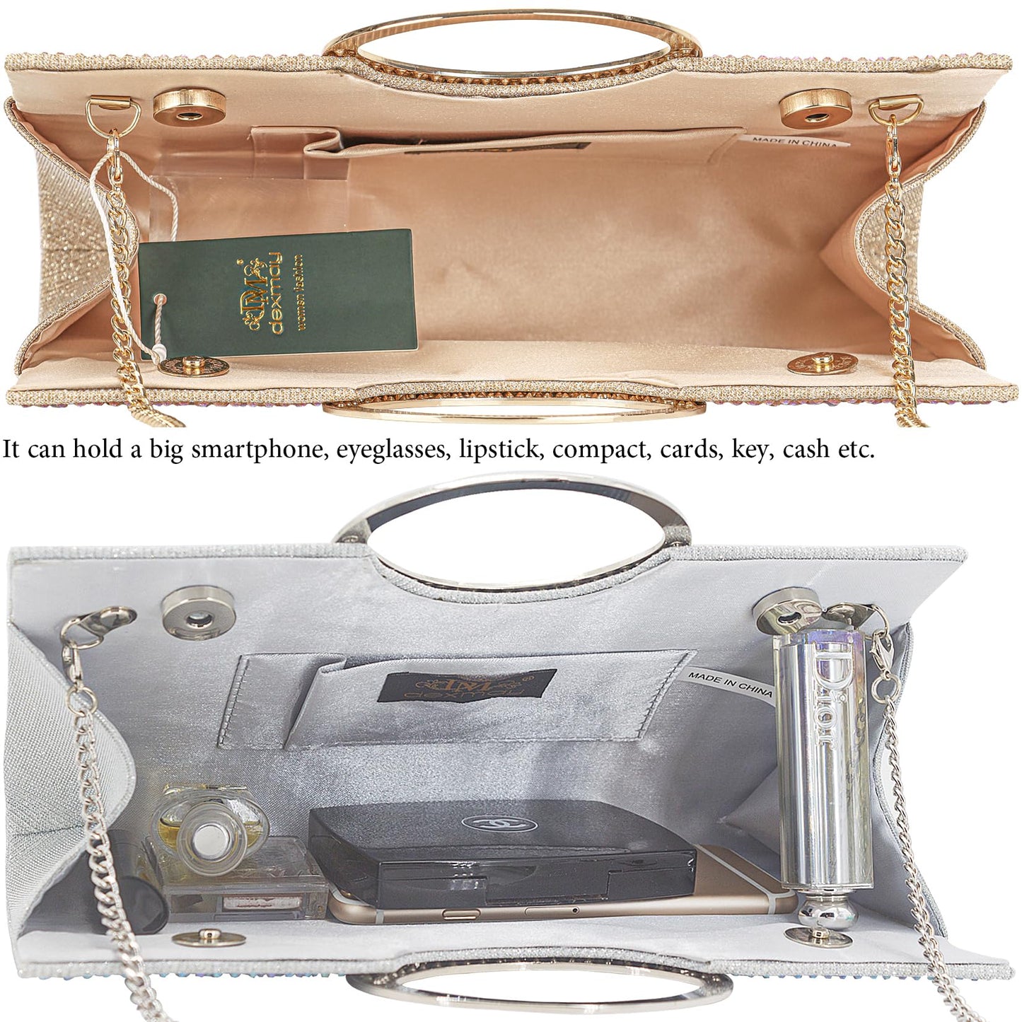 Dexmay Rhinestone Clutch Handbag with Crystal Handle for Wedding Party Elegant Clutch Purse for Women Champagne
