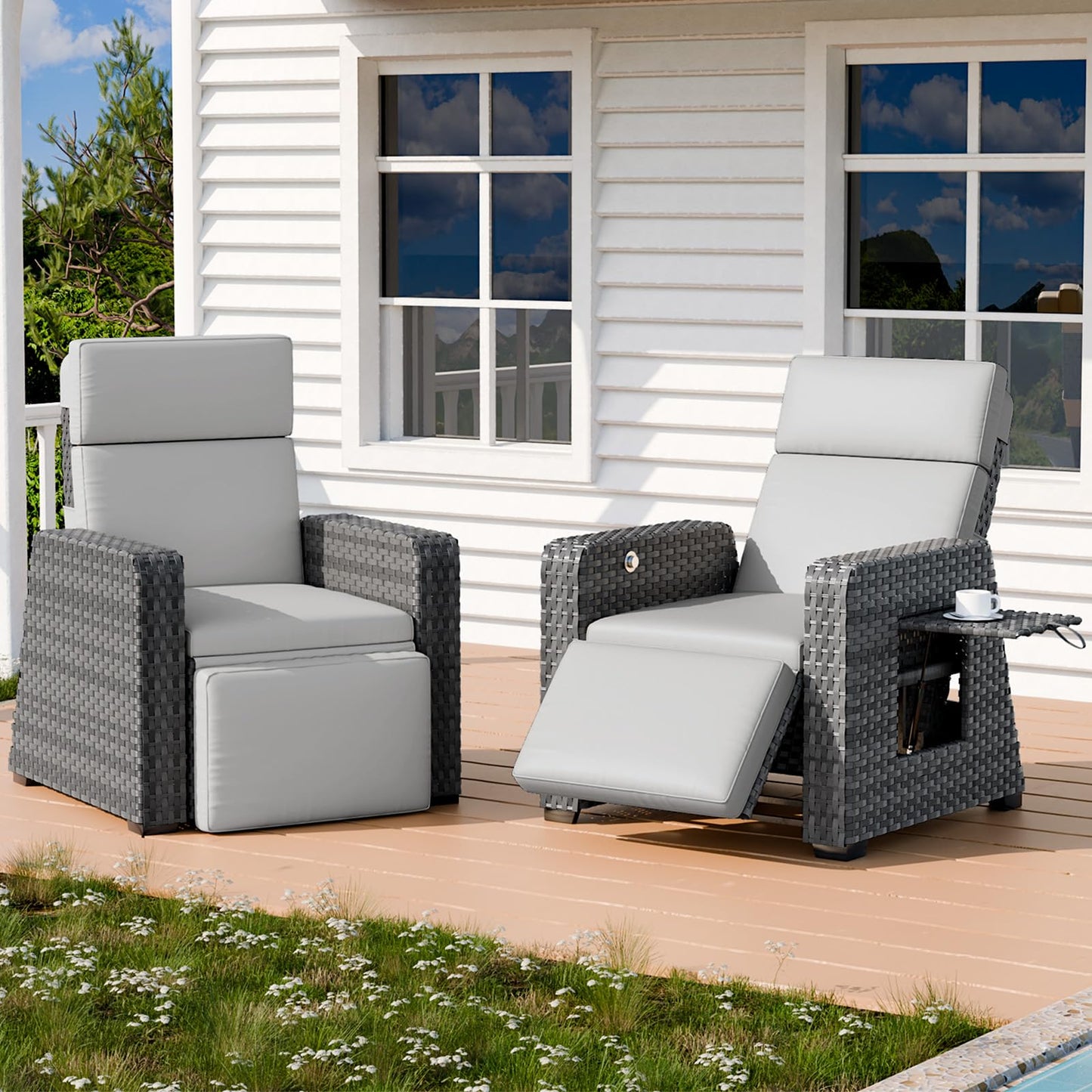 Outdoor Recliners Set of 2 - Wicker Patio Reclining Chairs with Flip-Up Side Table, 150° Lay-Flat Position, Extended Footrest & Removable Gray Olefin Cushions