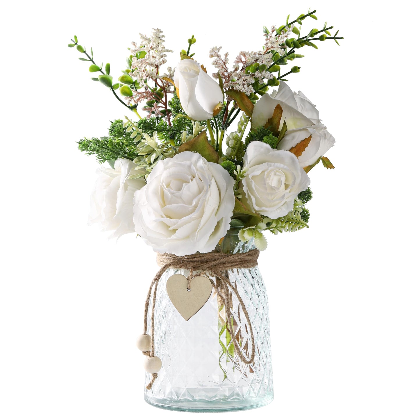 Flojery 2 Packs Faux Flowers in vase,Fake Flowers with Vase, Artificial Silk Roses in Vase, Artificial Flowers in Vase, Faux Flower Arrangement with Vase for Farmhouse (White with vase)