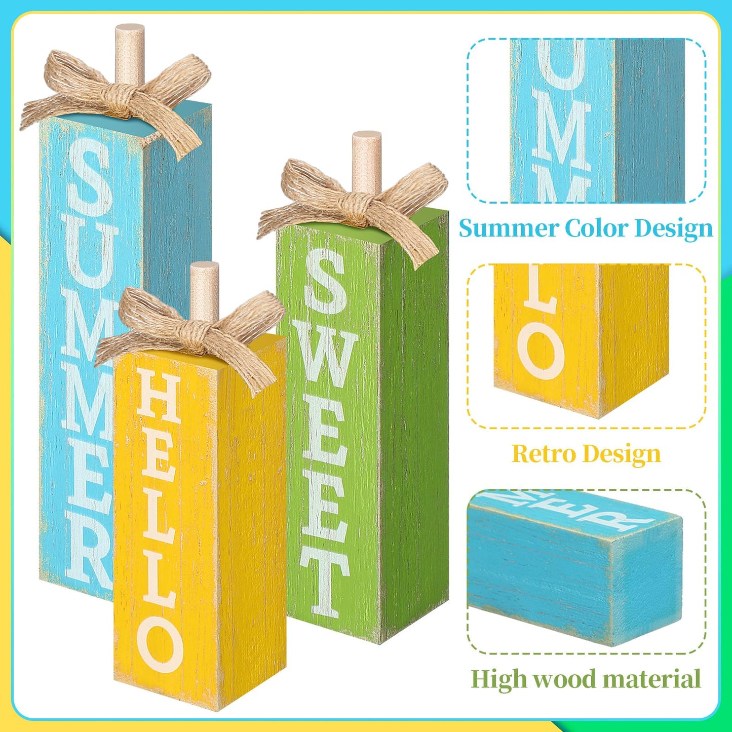 Seeloowy 3 Pcs Hello Sweet Summer Table Block Sign Hello Summer Tiered Tray Decor Rustic Farmhouse Wooden Tabletop Centerpieces for Home Kitchen Shelf Indoor Party Decorations