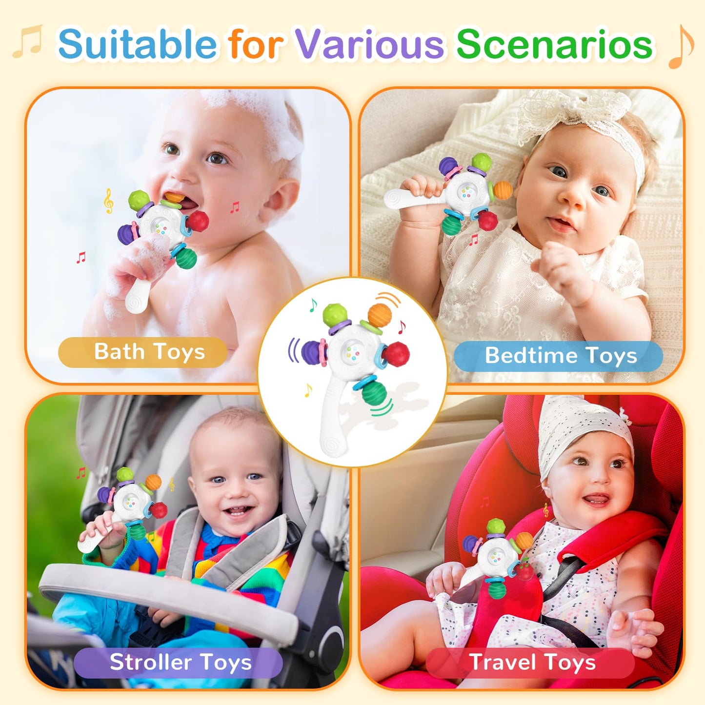 Food Quality Baby Rattle - Teething Ring - BPA - Free,Suitable for Choking - Design,Grip strengthening,Suitable for Hearing Development and Teeth Development,Ideal for Babies Aged 0-36 Months (White)