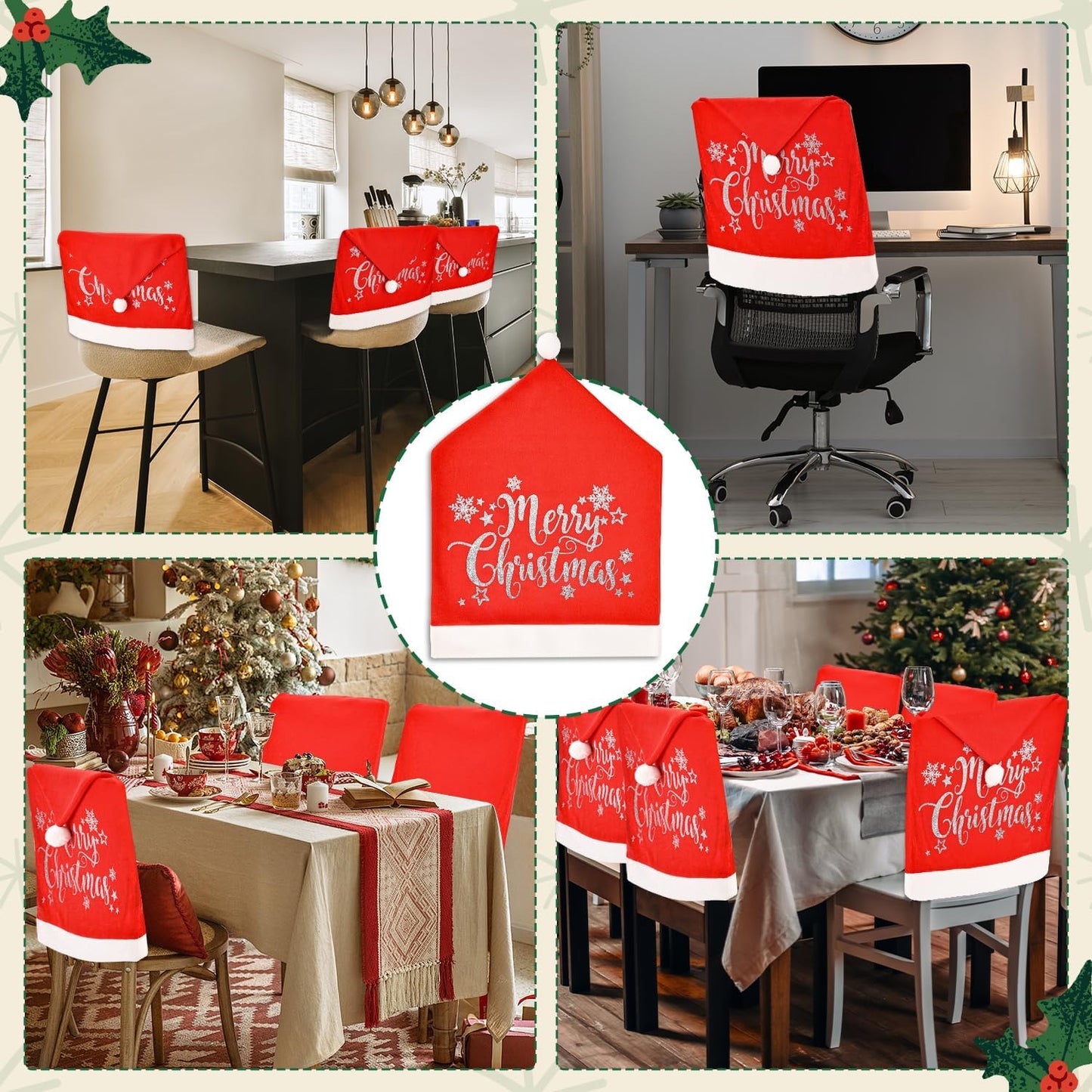 CreiYuan Christmas Chair Covers Set of 4 Santa Hat, Silver Glitter Print, High Resilience Pompon on Top, Size 25"x20", Christmas Decorations Indoor for Dining Room, Christmas Party Decorations