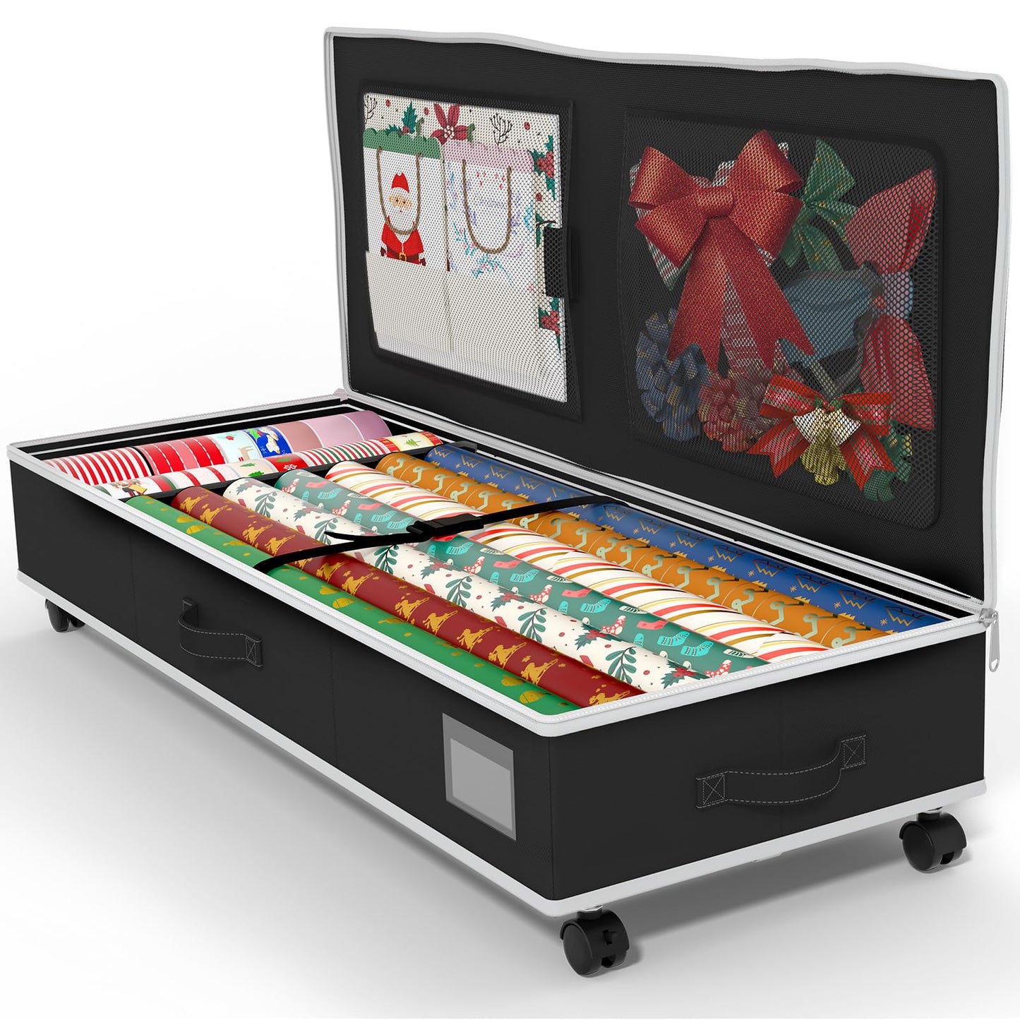 GoMaihe Wrapping Paper Storage with Wheels: Fits 41" Under-bed Gift Wrap Organizer & Container for Christmas Ribbon Accessories | Pockets & Adjustable Dividers | Easy Pull-out | Heavy-duty | Black