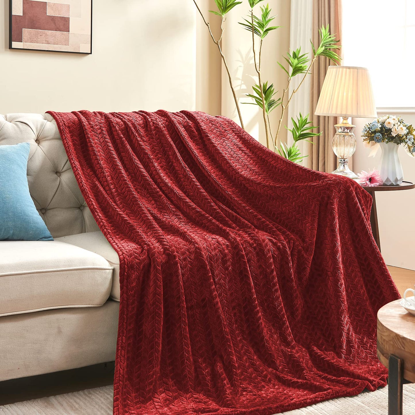 inhand Red Fleece Twin Blanket, Super Soft Flannel Cozy Blankets for Adults, Lightweight Leaves Pattern Fuzzy Blanket for Couch Sofa Bed Office, Warm Plush Blankets for All Season, 60x90 Inches