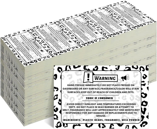 Yeaqee 500 Pcs Freshie Warning Label Stickers 2.25 x 1.25 Inches Waterproof Freshies Care Instructions Labels for Car Supplies DIY Crafts and Beads Silicone Molds with Leopard Background Design