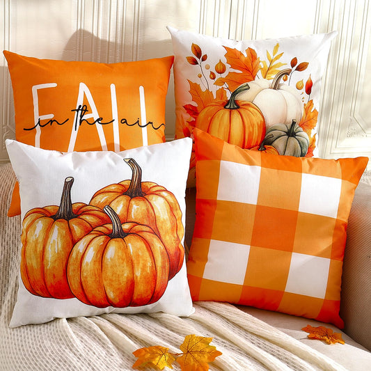 TOYPOPOR Fall Decorations for Home, 4 Packs Double Sided Throw Pillow Covers, Buffalo Plaid Thanksgiving Front Porch Farmhouse Cushion Cases Indoor Outdoor Autumn Decor for Couch, Living Room 18x18
