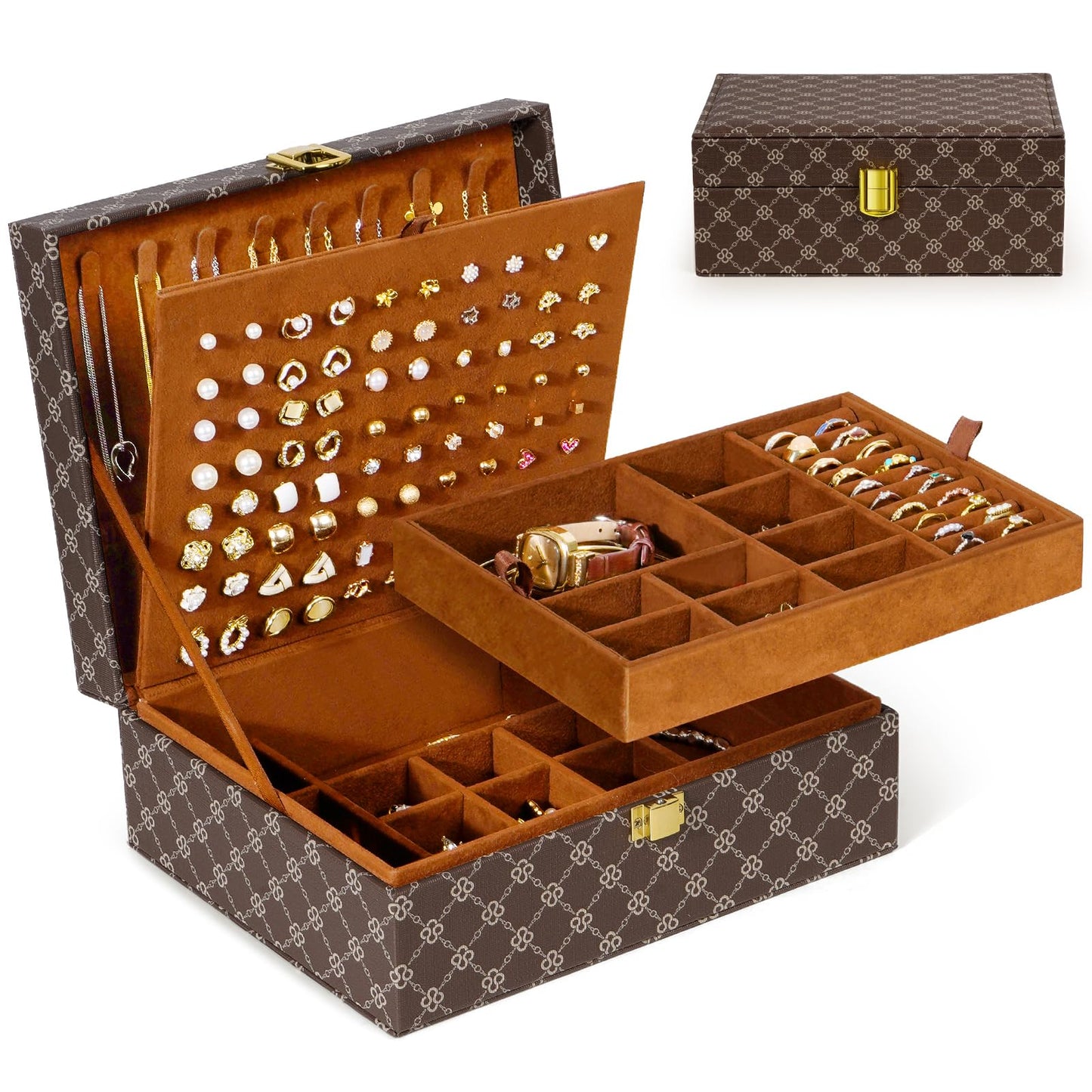 4 Layer Jewelry Box for Women, Travel Jewelry Case, Earring Holder Organizer, Jewelry Organizer for Earrings Necklace Rings Bracelets PU Surface, Travel Jewelry Box with Lock, Valentine's Gifts, Brown