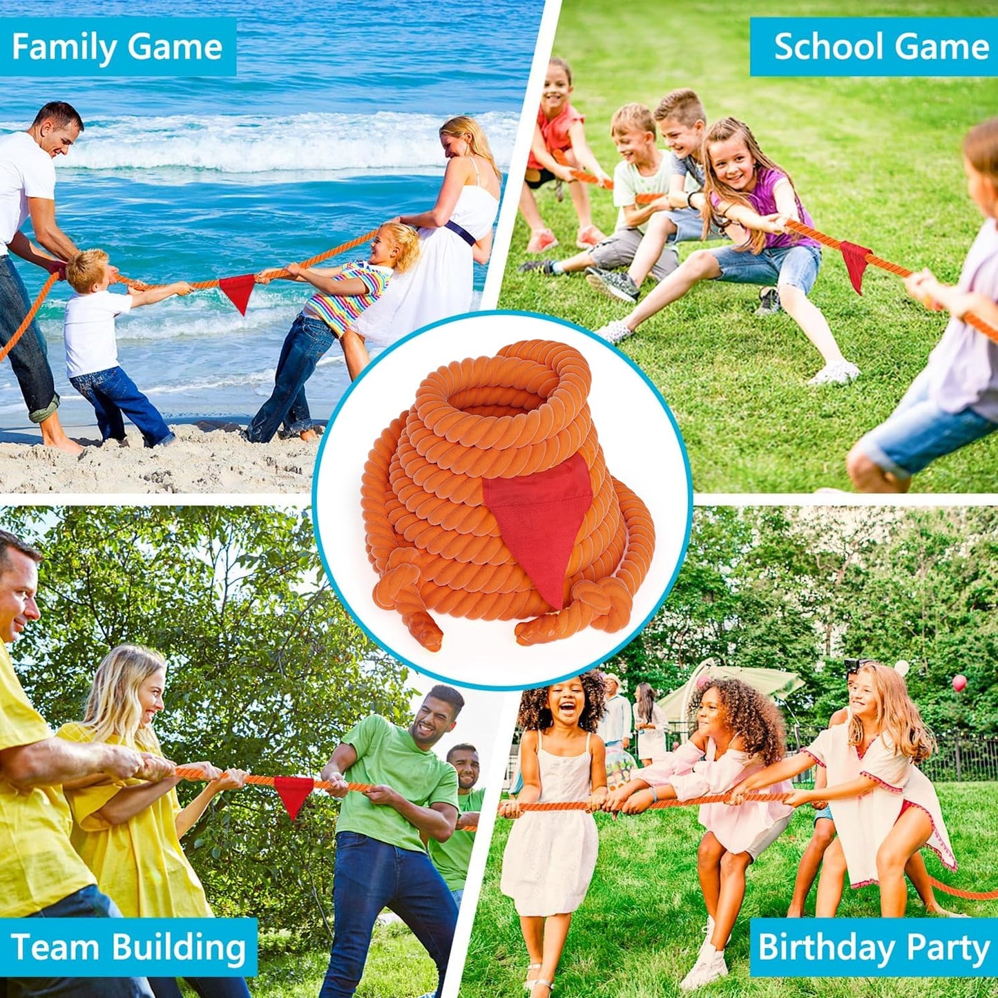 X XBEN Tug of War Rope with Flag for Kids 20FT, Teens and Adults, Soft Cotton Rope Games for Team Building Activities, Family Reunion, Birthday Party