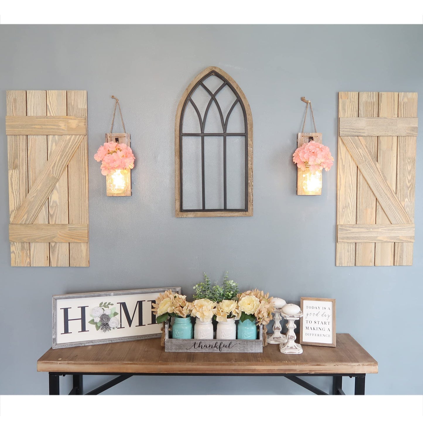 Besuerte Mason Jar Wall Decor Set of 2, Farmhouse Decor Living Room, Country Inspirational Rustic Hanging Accent Wall Decor with Remote Fairy Light & Pink Hydrangea Flowers(Medium,Rustic Brown)