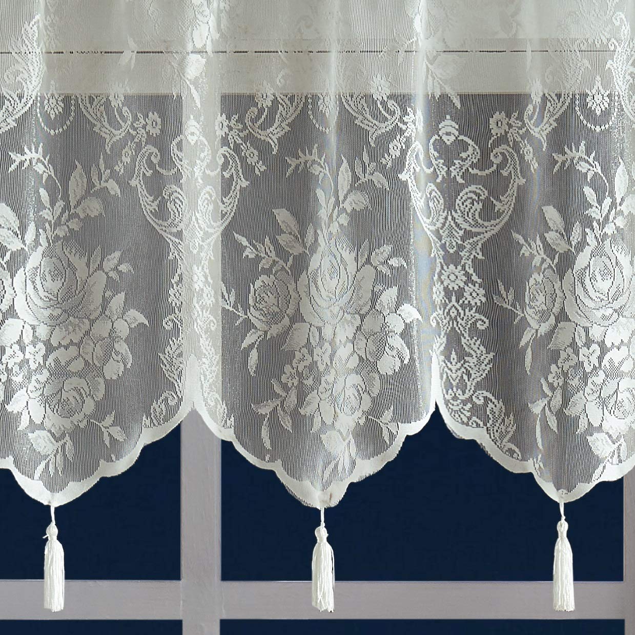 LinenZone Pair of 2 Lace Curtain Panels with Attached Valance and 6 Tassels. Sheer Lace Curtains for Living Room, Dining Room, Bedroom or Kitchen. Classic English Rose Design. (Luna 54 x 63, Ivory)
