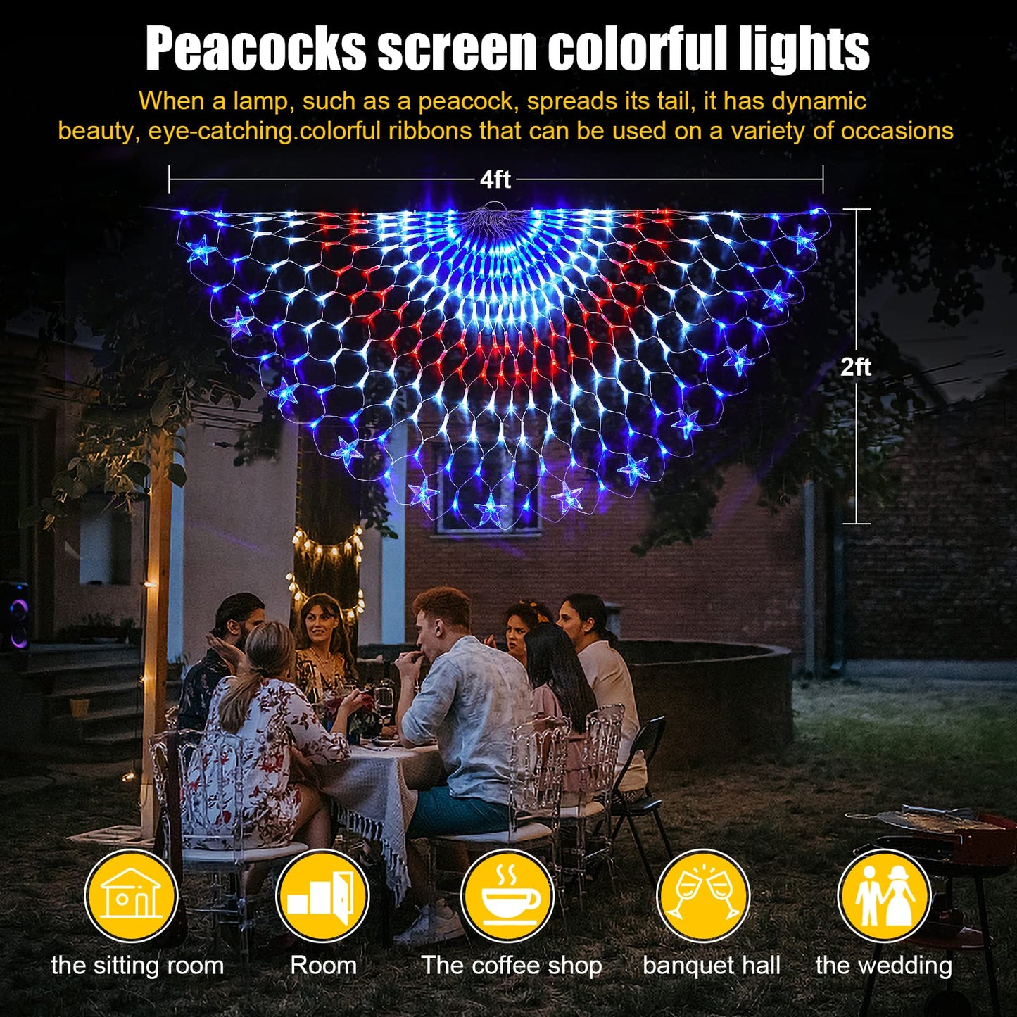 Family Patriotic American Flag String Lights - 250 LED Half Fan Shaped Outdoor Waterproof Lights, 4th of July Decorations, Independence Day, Memorial Day, USA