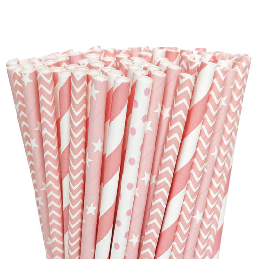 FsLvniu 200 Biodegradable Pink Paper Straws, Party Straws for Juice, Cocktail, Smoothies, Wedding, Birthday, Bridal/Baby Shower and Christmas Decorations Valentine's Day Holiday Celebrations