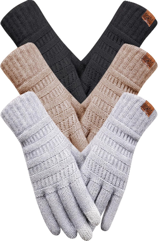 3 Pairs Winter Gloves for Women, 3-Finger Touch Screen Elastic Thermal Knit Lining, Warm Gloves for Cold Weather