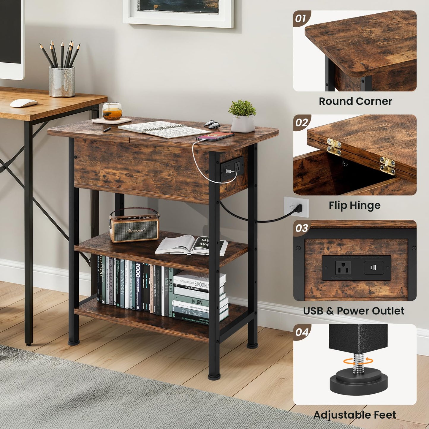 GRUSIGN End Table with Charging Station, Flip Top Side Table with USB Ports and Outlets, 3-Tier Small Side Table with Storage for Small Space, End Tables for Living Room/Bedroom, Brown