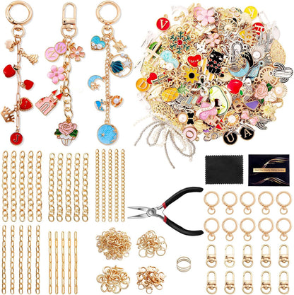 Wurosi 325Pcs Keychain Making Kit, Including 20 Keychain Clips 25 Extender Chain 118 Charms Jewelry Plier, Bag Charm Kit, Keychains Making Supplies for DIY Crafting and Jewelry Making