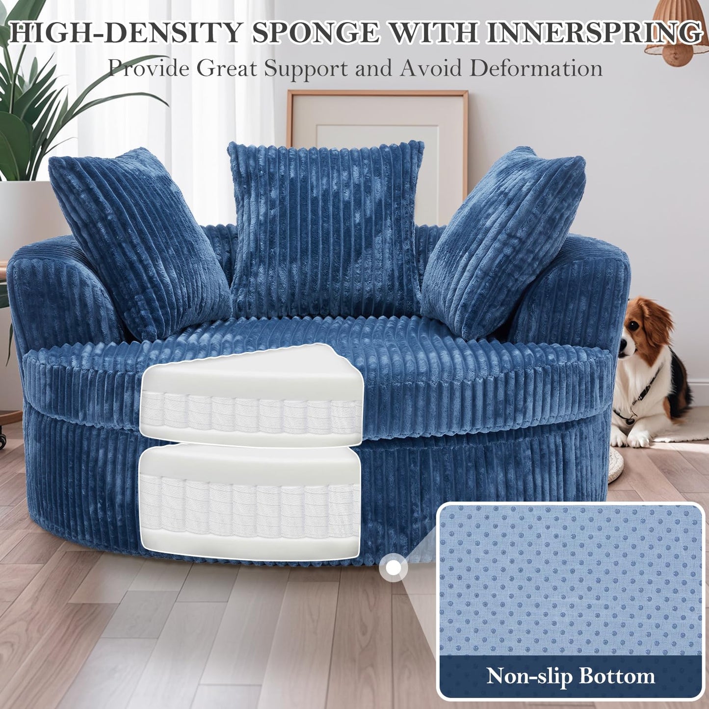 DIFYHOMEY 59 Inch Oversized Chaise Lounge Chair Indoor, Round Corduroy Chaise Lounge Sofa Bed with Throw Pillows and Backrest, Plush Sleeper Chair Bed for Living Room Bedroom,No Assembly Required