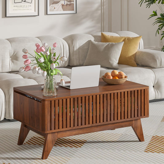 Lift Top Coffee Table with Hidden Compartment, Mid Century Modern Coffee Table for Living Room, Fluted Design Farmhouse Center Table with Storage (Walnut, 35.4" W)