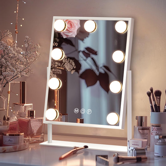 Fenair Vanity Mirror with Lights: Makeup Mirror with 9 Dimmable Bulbs Light Up Mirror with 3 Color Modes and 10X Magnification Hollywood Mirror with Smart Touch Control and 360° Rotation（White）