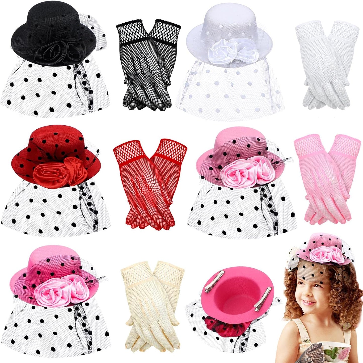 Chunyin Girls Tea Party Hats Mini Hat Hair Clip Fascinator Veil Mesh Hat and Gloves Sets Tea Party Accessories for Girls Kids Children 5.3'' Diam