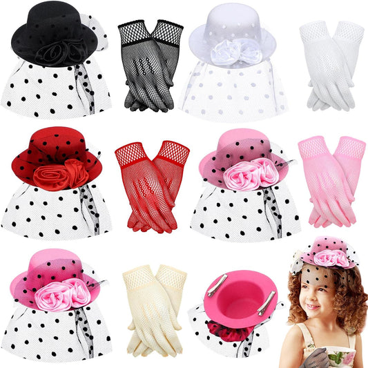 Chunyin Girls Tea Party Hats Mini Hat Hair Clip Fascinator Veil Mesh Hat and Gloves Sets Tea Party Accessories for Girls Kids Children 5.3'' Diam