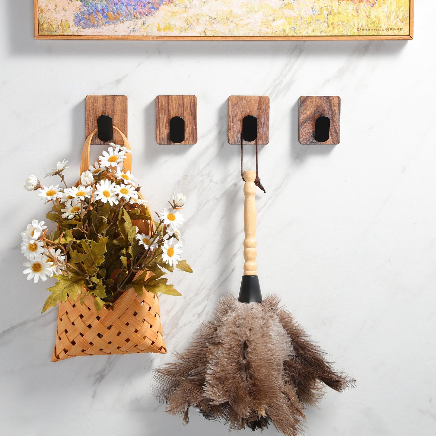 DELITON Towel Hooks for Bathrooms Adhesive, Wood Wall Hooks for Hanging Towels, Robes, Key, No Damage, 4 Pack Utility Hooks for Bathroom and Bedroom