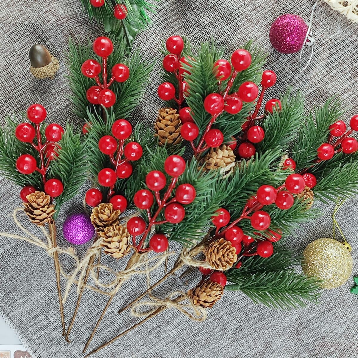 TIHOOD 20PCS 8inch Pine Cone Red Berry Picks Stems Crafts Branch Christmas Wreath, Holly Artificial Evergreen Branches Tiny Pine Cones Picks Décor Floral Picks for Christmas Flower Wreaths DIY