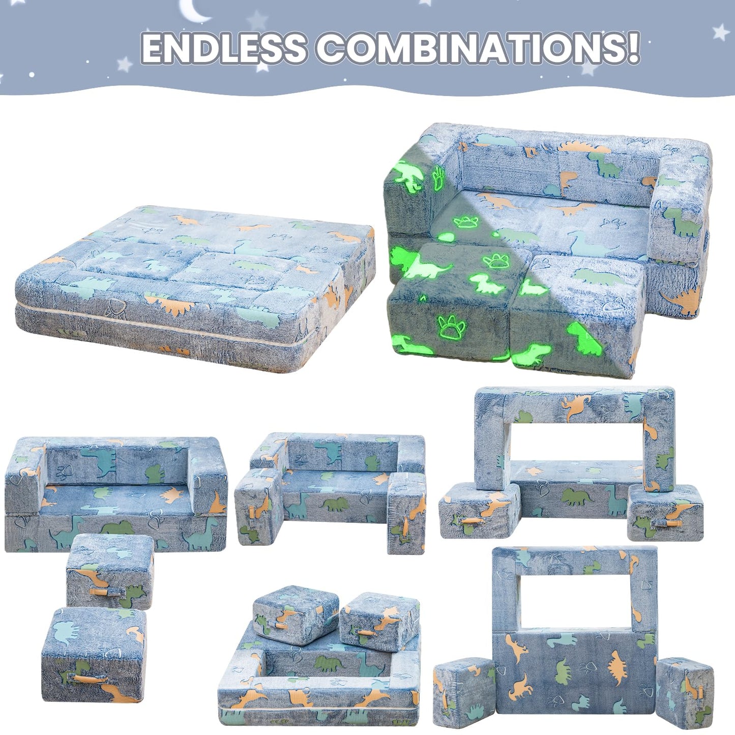 furlinkhm Toddler Couch, Glow in The Dark Kids Play Couch Toddler Fold Out Couch, Kids Fold Out Couch for playroom, Convertible Baby Fold Out Play Foam and Floor Cushion for Bedroom, Blue+Dinosaur