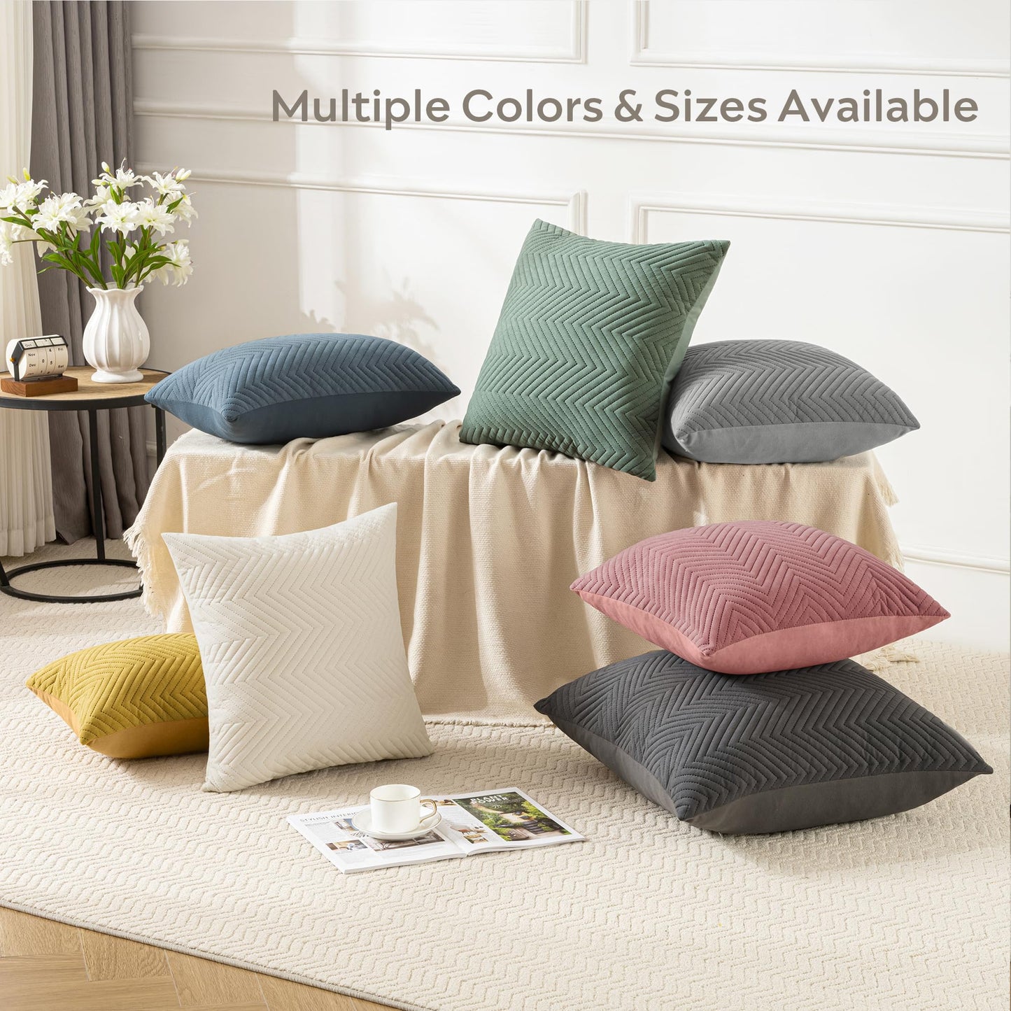 JELLYMONI Throw Pillow Covers 20”x20” Set of 2 Decorative Pillow Cases Light Green with Zipper Square Cushion Cover Polyester Quilted Solid Soft Home Decor for Bed Sofa Living Room (NO Insert)