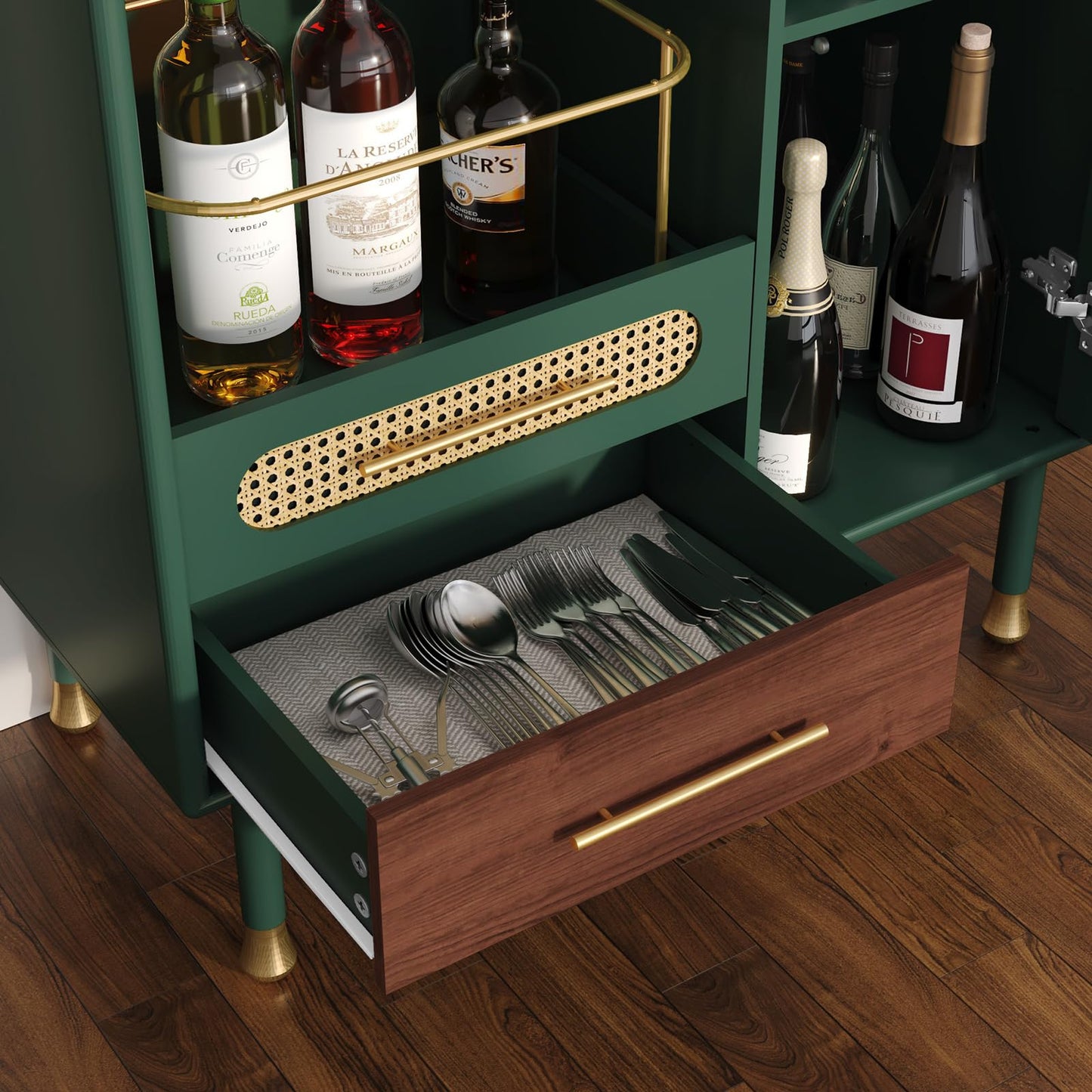 ARTPOWER Modern Coffee Bar Cabinet with Wine Glass Rack and Drawers, Green Liquor Cabinet with Pull-Out Wine Storage for Kitchen, Dining Room, Living Room