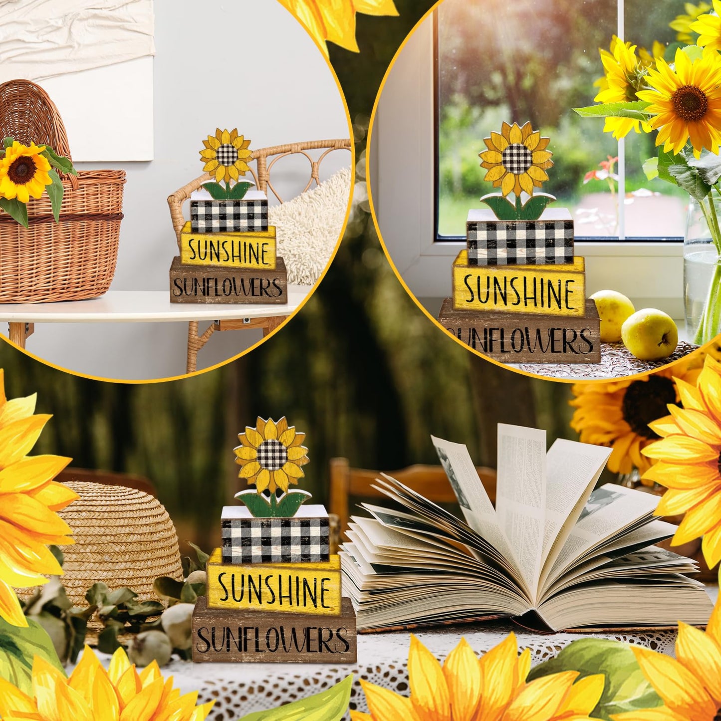 Britimes 4 Pcs Summer Sunflower Decor Wooden Tiered Tray Sign, Farmhouse Rustic Decorative Book Stack Block Sunshine Table Centerpieces for Home Shelf Table Decorations (Sunflower)