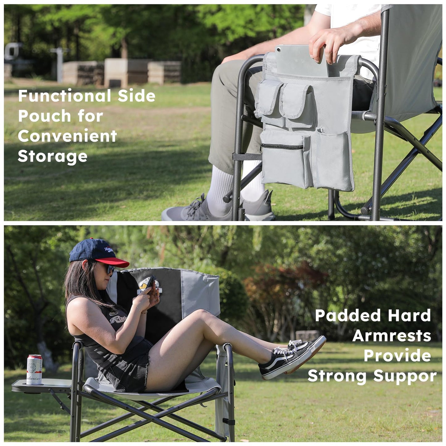 Colegence Oversized Directors Camping Chair Set of 2 Support 600 LBS, Heavy Duty Folding Outdoor Chairs with Detachable Side Pocket and Adjustable Side Table for Outside Beach,Lawn,Fishing (Black)