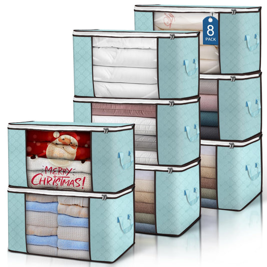 Budding Joy 90L Large Storage Bags, 8 Pack Clothes Storage Bins Foldable Closet Organizer Storage Containers with Durable Handles Storage and Organization, Blanket, Pillows and Toys (Blue)
