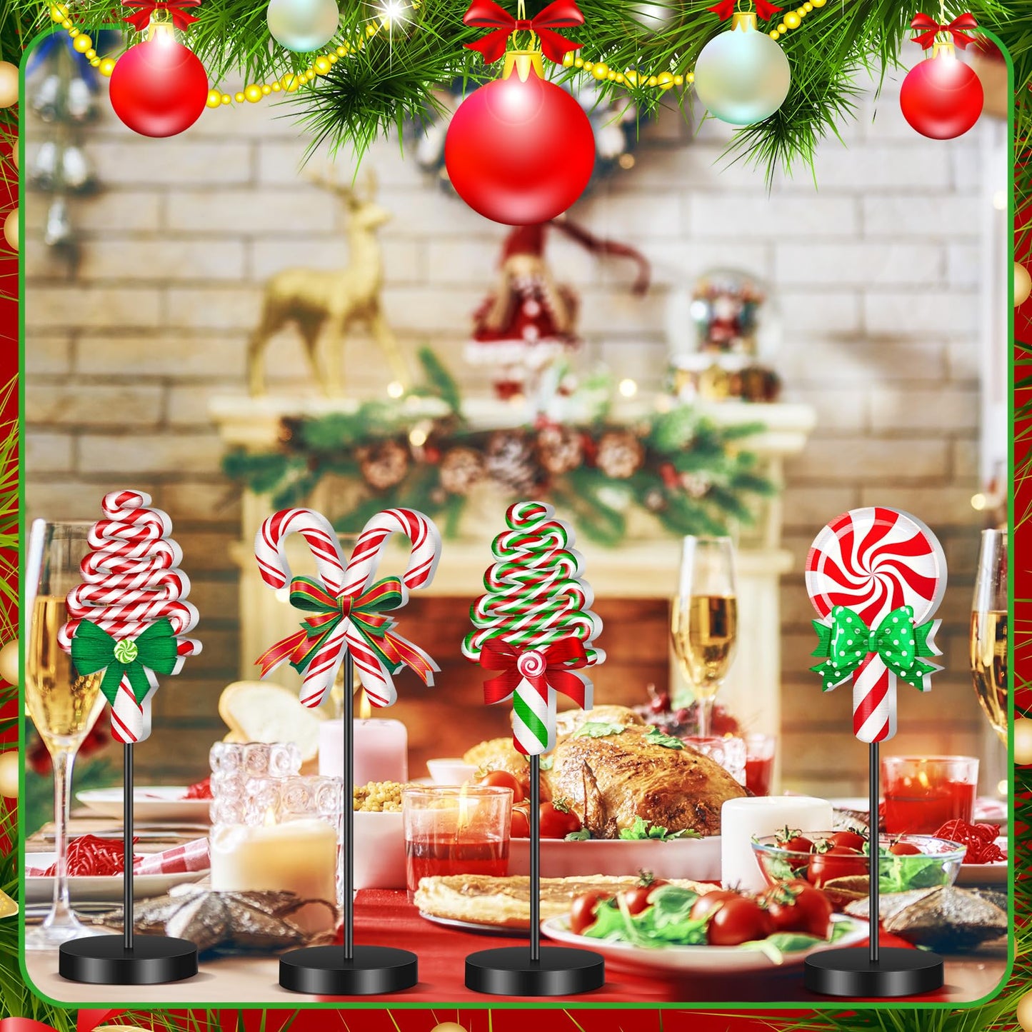 Geetery 6 Pcs Christmas Wooden Table Decor Christmas Table Centerpiece Candy Cane Themed Party Wood Decoration Rustic Farmhouse Tabletop Decoration for Home Xmas Holiday Party Kitchen Decor