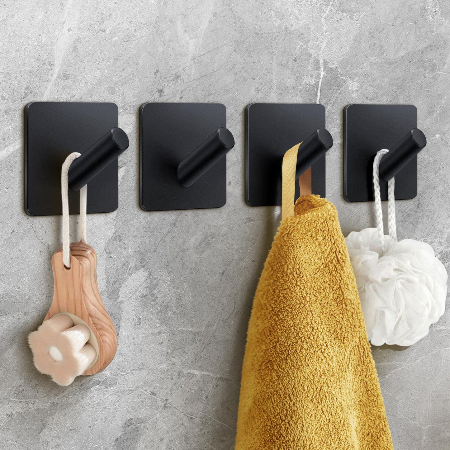 xdgeLoad Bath Towel Hooks 4 Pack, Heavy Duty Wall Hooks for Bathrooms/Coat/Robe/Kitchen, Non-Punching self-Adhesive Hooks, Matte Stainless Steel Black