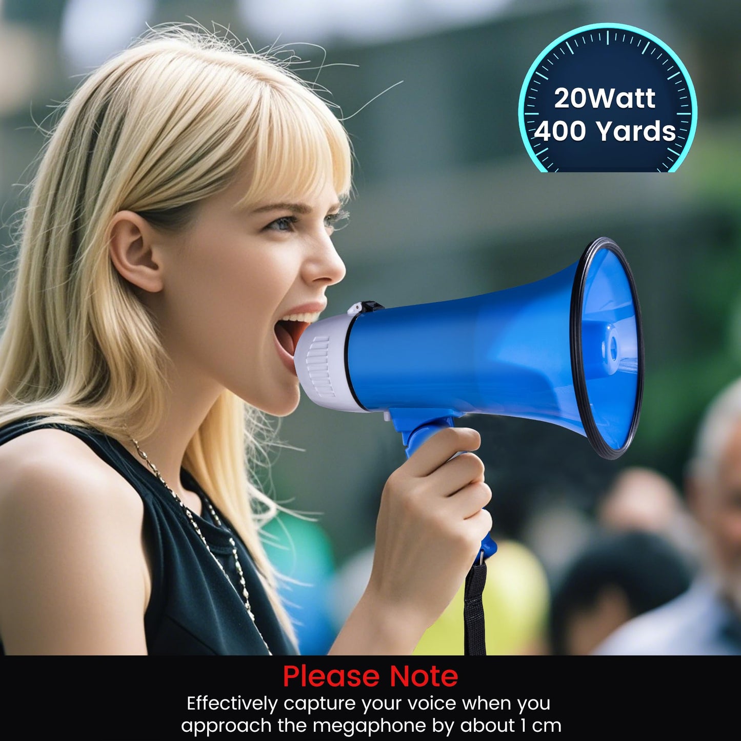 MyMealivos Portable Megaphone Bullhorn 20 Watt Power Megaphone Speaker Voice and Siren/Alarm Modes with Volume Control and Strap (White&Blue)