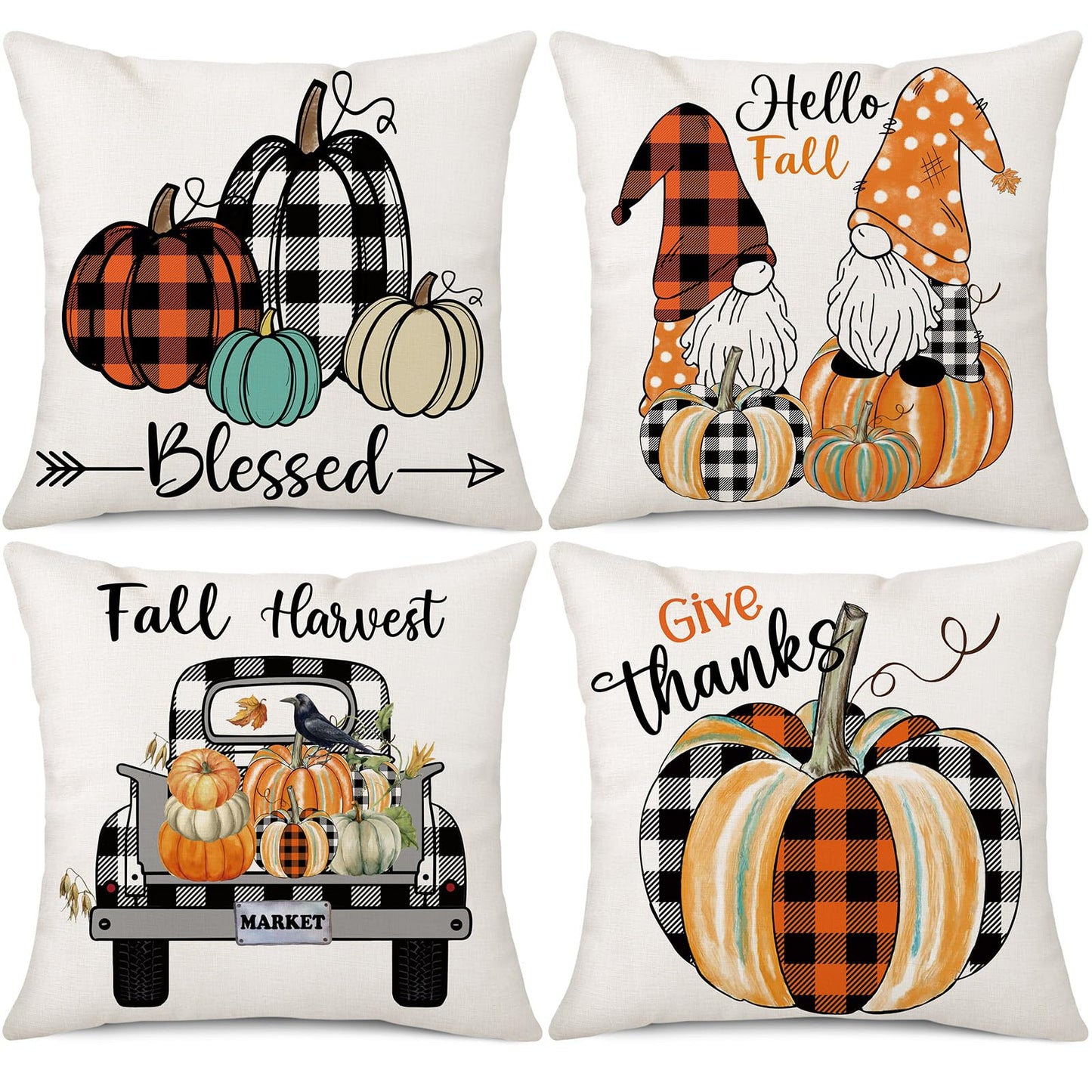 Gujiahone Fall Decor Pillow Covers 18x18 Inch Set of 4 Buffalo Check Plaid Pumpkins Gnomes Truck Hello Fall Farmhouse Decorative Thanksgiving Home Autumn Cushion Covers for Couch
