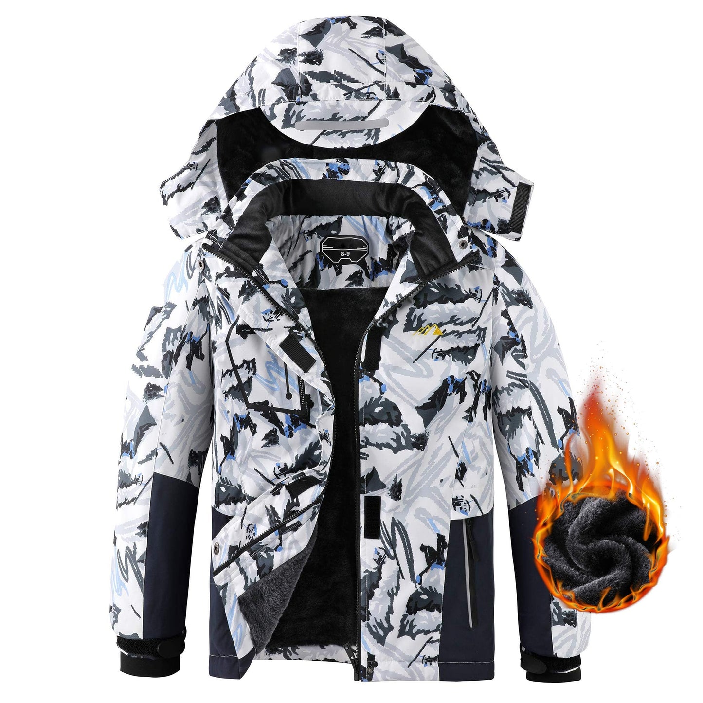 COOKFIP Kid's Ski Jacket Waterproof Boy's and Girl's Warm Fleece Winter Jacket Windproof Hooded Snow Coat (10-12,White Snow Mountain)