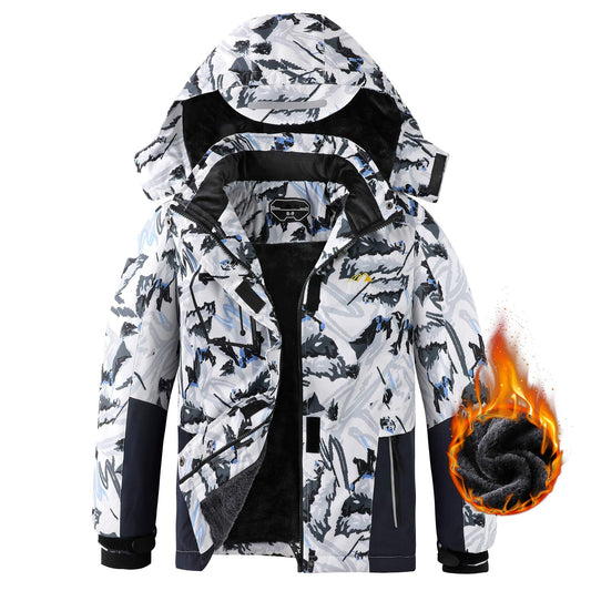 COOKFIP Kid's Ski Jacket Waterproof Boy's and Girl's Warm Fleece Winter Jacket Windproof Hooded Snow Coat (10-12,White Snow Mountain)