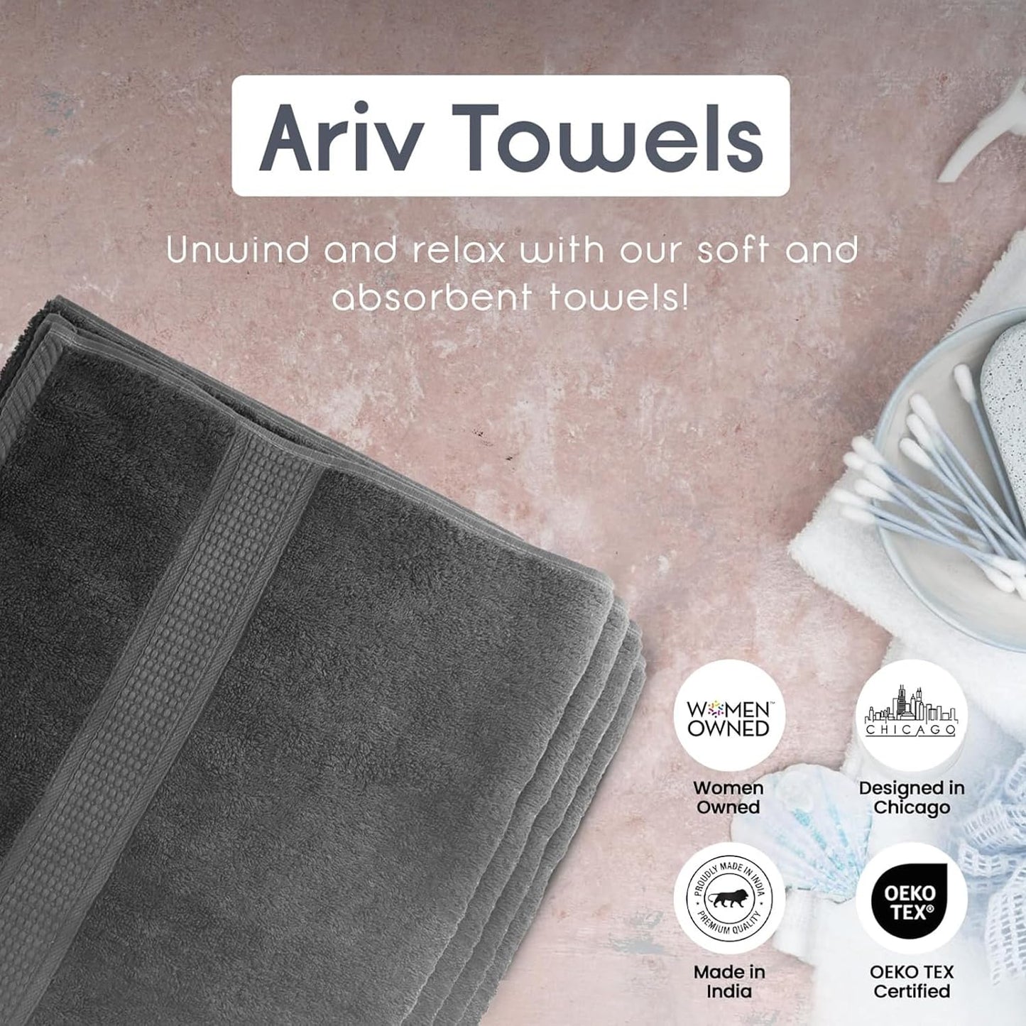 Ariv Premium Bath Towels Pack of 4, 100% Cotton, Large 30" x 52", Super Soft, Highly Absorbent, Quick Dry, Durable, Comfortable, Great Value & Quality, Perfect for Home & Bathroom - Grey