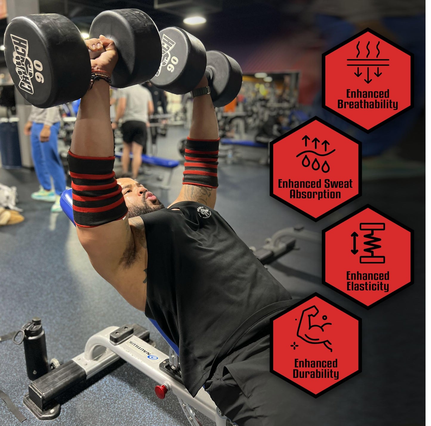 Elbow Sleeve (Pair) Dual-Ply Elbow Support & Compression for Powerlifting Weightlifting Heavy Bench Press Men & Women (Black/Red, Large)