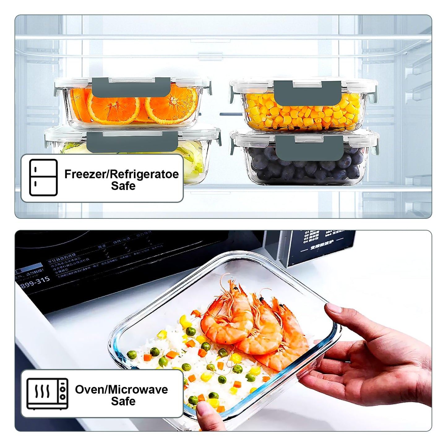 VERONES 10 Pack Glass Meal Prep Containers, Airtight Glass Lunch Containers, Stackable Glass Food Storage Containers Set with Lids,Exclusive of BPA,for Microwave, Oven, Freezer & Dishwasher,Grey